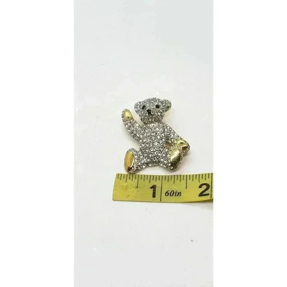Vintage Teddy Bear Brooch Clear & Green Rhinestones Cute Waving - Picture 5 of 6